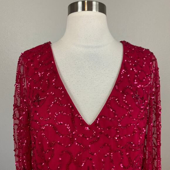 Adrianna Papell Red Sequin Long Sleeve Mini Cocktail Dress Size 10 V-Neck A-Line - Picture 7 of 14